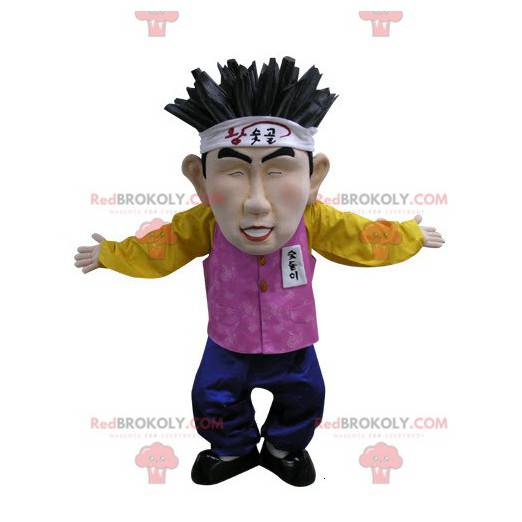 Aziatische Chinese man mascotte in kleurrijke outfit -