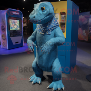 Blue Komodo Dragon mascot costume character dressed with a Cardigan and Foot pads