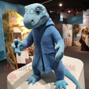 Blue Komodo Dragon mascot costume character dressed with a Cardigan and Foot pads