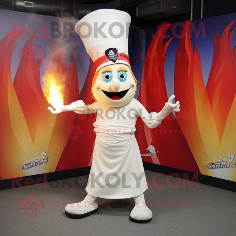 White Fire Eater mascot costume character dressed with a Pleated Skirt and Hat pins White Fire Eater mascot costume character dressed with a Pleated Skirt and Hat pins
