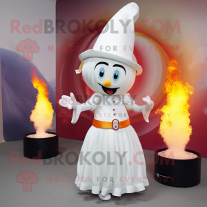 White Fire Eater mascot costume character dressed with a Pleated Skirt and Hat pins