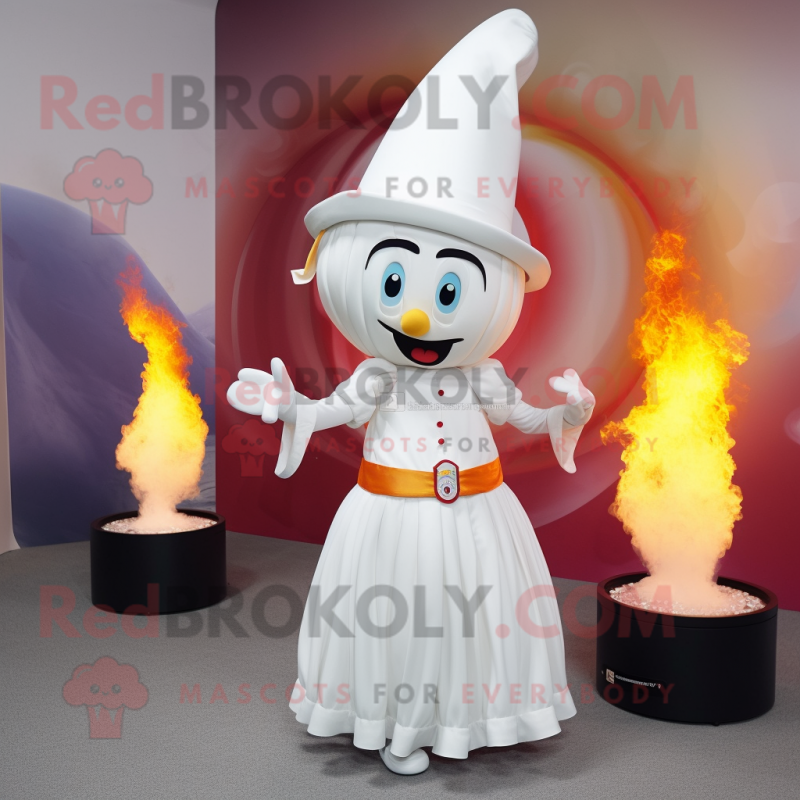 White Fire Eater mascot costume character dressed with a Pleated Skirt and Hat pins