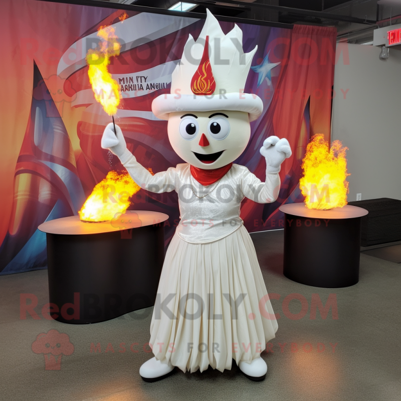 White Fire Eater mascot costume character dressed with a Pleated Skirt and Hat pins