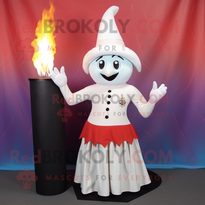 White Fire Eater mascot costume character dressed with a Pleated Skirt and Hat pins White Fire Eater mascot costume character dressed with a Pleated Skirt and Hat pins