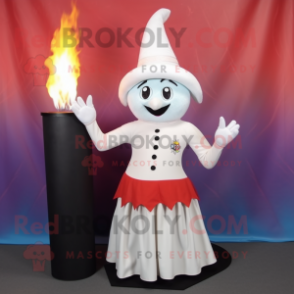 White Fire Eater mascot costume character dressed with a Pleated Skirt and Hat pins