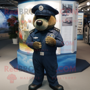 Navy Navy Seal mascot costume character dressed with a Oxford Shirt and Hat pins