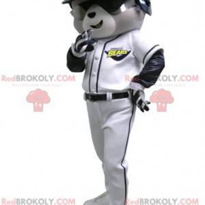 Mascote urso cinza e branco com roupa de beisebol -