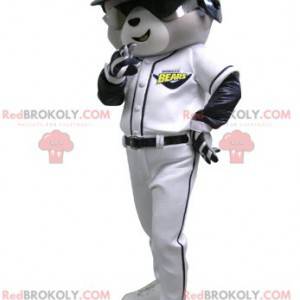 Mascotte orso grigio e bianco in abito da baseball -
