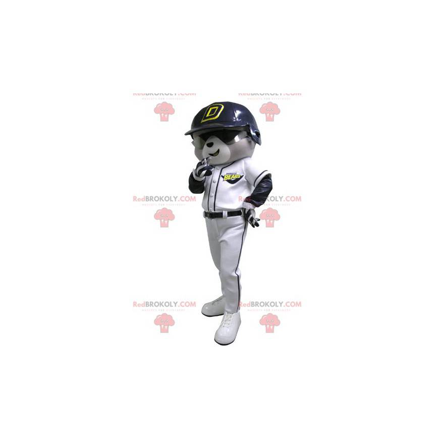 Gray and white bear mascot in baseball outfit - Redbrokoly.com