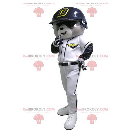 Mascote urso cinza e branco com roupa de beisebol -