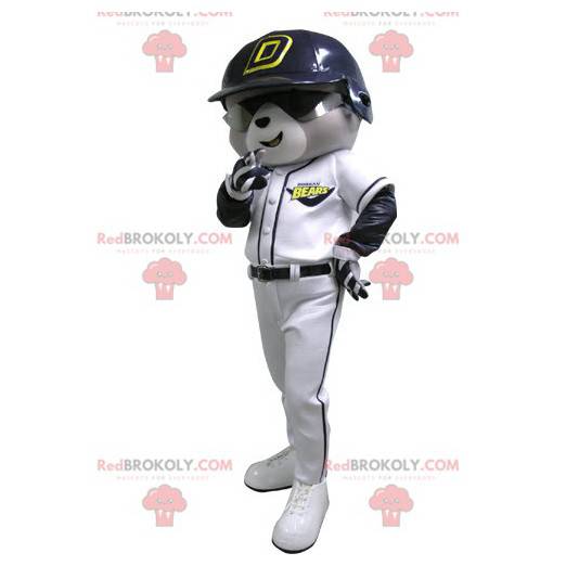 Mascotte d'ours gris et blanc en tenue de baseball -