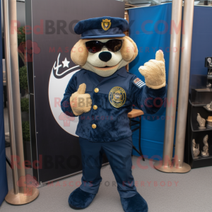 Navy Navy Seal mascot costume character dressed with a Oxford Shirt and Hat pins