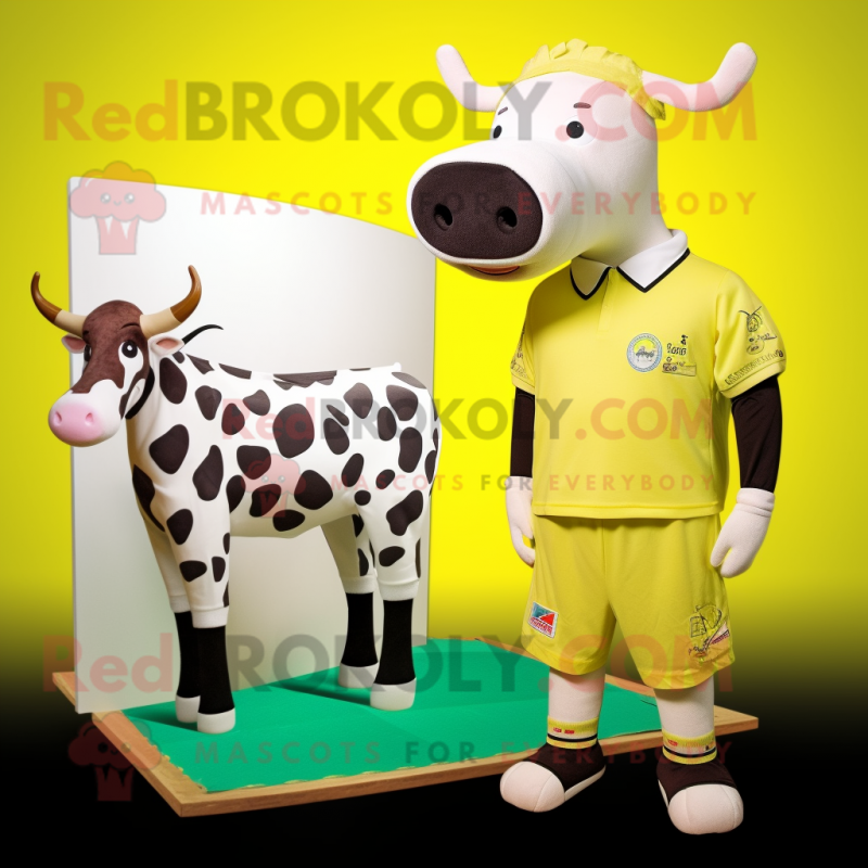 Lemon Yellow Jersey Cow mascot costume character dressed with a Board Shorts and Wraps