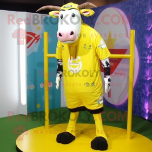 Lemon Yellow Jersey Cow mascot costume character dressed with a Board Shorts and Wraps