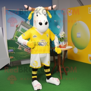 Lemon Yellow Jersey Cow mascot costume character dressed with a Board Shorts and Wraps