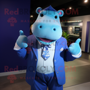 Blue Hippopotamus mascot costume character dressed with a Suit Jacket and Bow ties