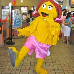 Girl yellow duck mascot with braids - Redbrokoly.com