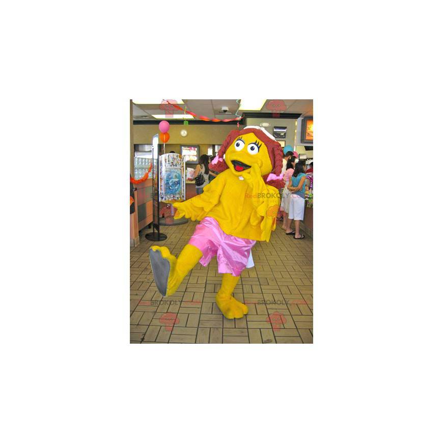 Girl yellow duck mascot with braids - Redbrokoly.com