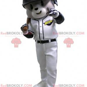 Mascote urso cinza e branco com roupa de beisebol -