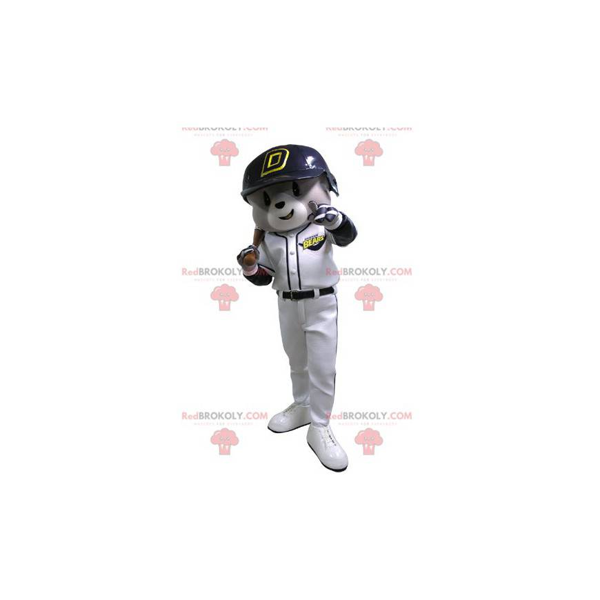Gray and white bear mascot in baseball outfit - Redbrokoly.com