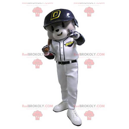 Grå og hvid bjørnemaskot i baseballtøj - Redbrokoly.com