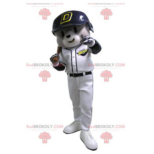Mascota oso gris y blanco en traje de béisbol - Redbrokoly.com