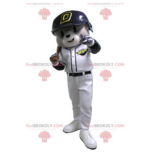 Mascote urso cinza e branco com roupa de beisebol -