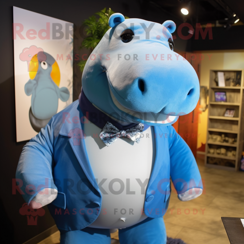 Blue Hippopotamus mascot costume character dressed with a Suit Jacket and Bow ties