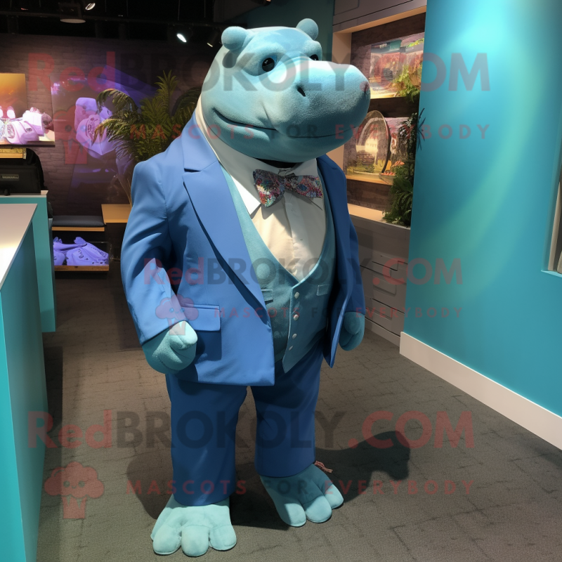 Blue Hippopotamus mascot costume character dressed with a Suit Jacket and Bow ties