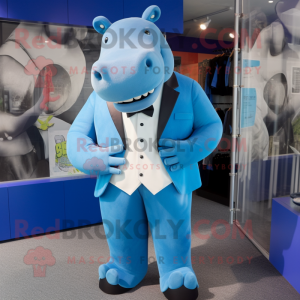 Blue Hippopotamus mascot costume character dressed with a Suit Jacket and Bow ties