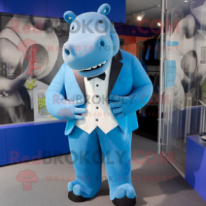 Blue Hippopotamus mascot costume character dressed with a Suit Jacket and Bow ties