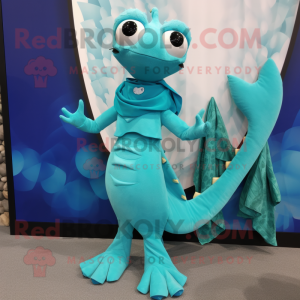 Turquoise Hydra mascot costume character dressed with a Wrap Dress and Wraps