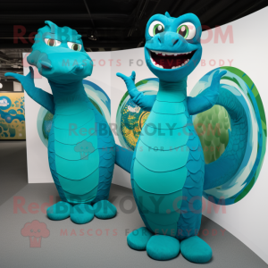 Turquoise Hydra mascot costume character dressed with a Wrap Dress and Wraps