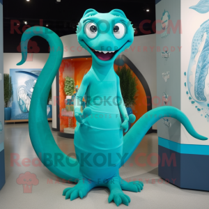 Turquoise Hydra mascot costume character dressed with a Wrap Dress and Wraps