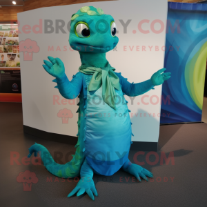 Turquoise Hydra mascot costume character dressed with a Wrap Dress and Wraps