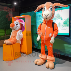 Peach Boer Goat mascot costume character dressed with a Windbreaker and Clutch bags