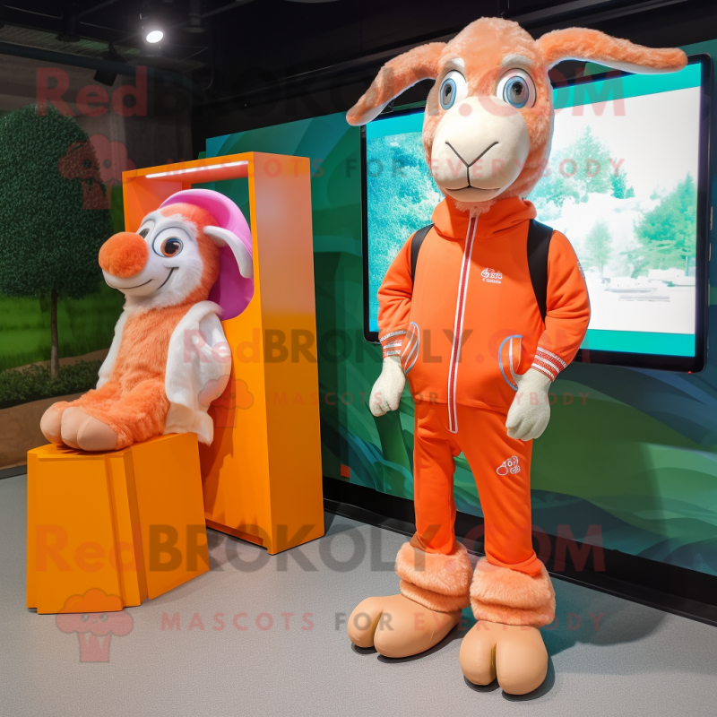 Peach Boer Goat mascot costume character dressed with a Windbreaker and Clutch bags Peach Boer Goat mascot costume character dressed with a Windbreaker and Clutch bags