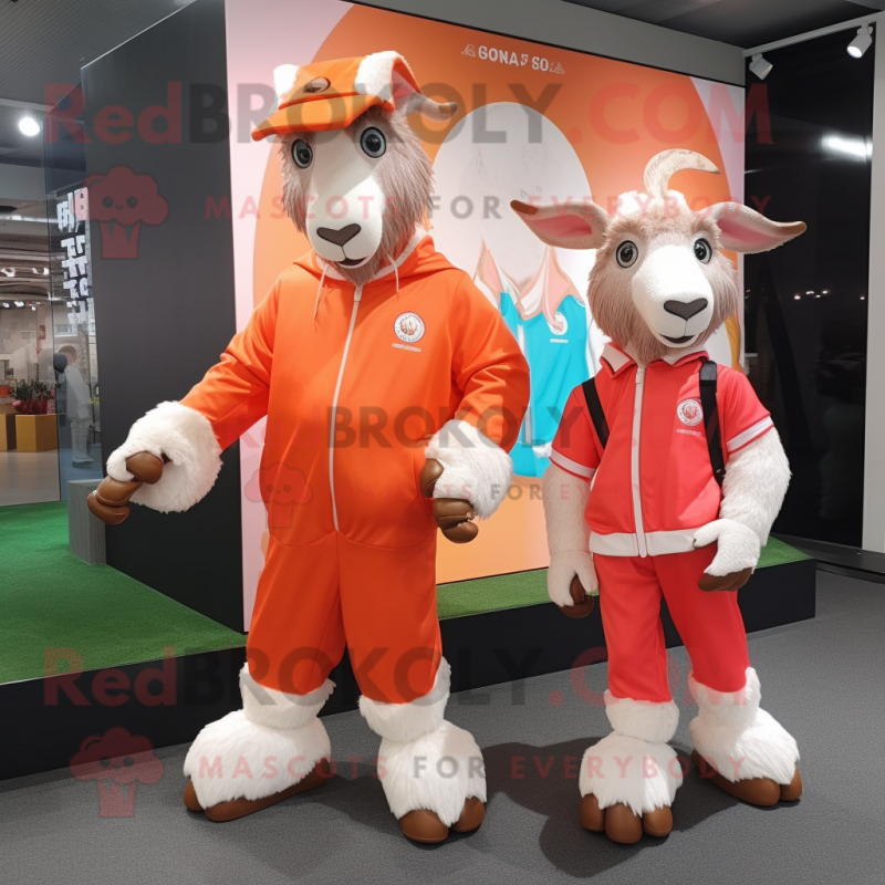 Peach Boer Goat mascot costume character dressed with a Windbreaker and Clutch bags Peach Boer Goat mascot costume character dressed with a Windbreaker and Clutch bags