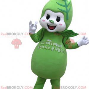 Mascote gigante e sorridente de folhas verdes e brancas -