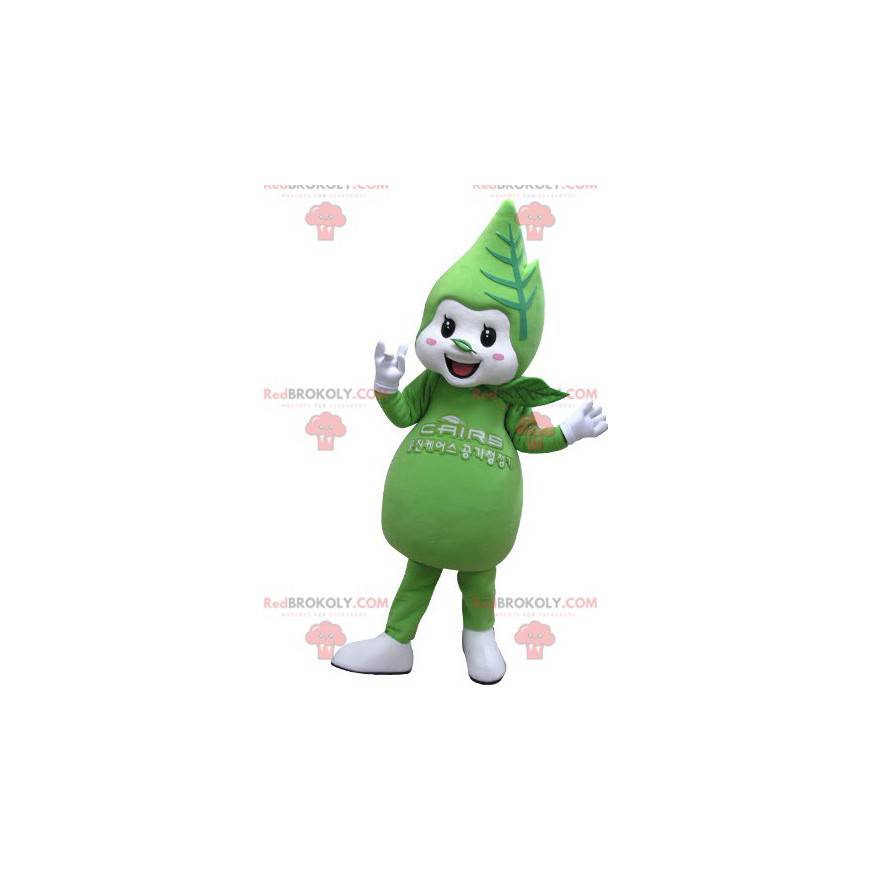 Mascote gigante e sorridente de folhas verdes e brancas -