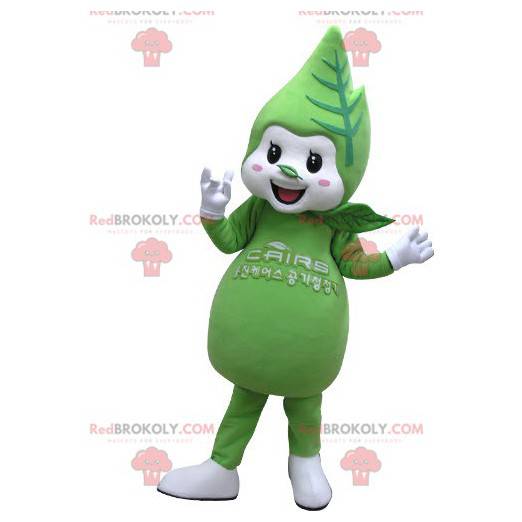 Mascote gigante e sorridente de folhas verdes e brancas -