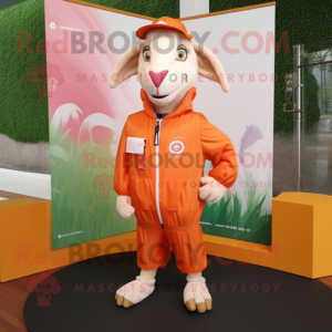 Peach Boer Goat mascot costume character dressed with a Windbreaker and Clutch bags