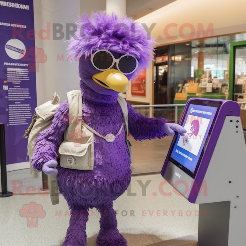 Purple Ostrich mascot costume character dressed with a Romper and Messenger bags