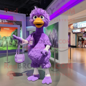 Purple Ostrich mascot costume character dressed with a Romper and Messenger bags