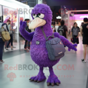 Purple Ostrich mascot costume character dressed with a Romper and Messenger bags