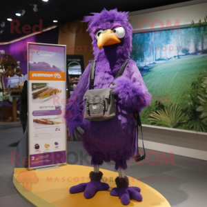 Purple Ostrich mascot costume character dressed with a Romper and Messenger bags