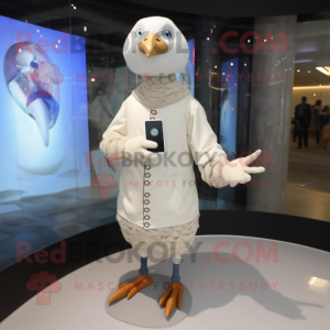 Cream Guinea Fowl mascot costume character dressed with a Long Sleeve Tee and Digital watches