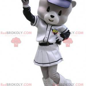 Mascotte orso grigio e bianco in abito da baseball -