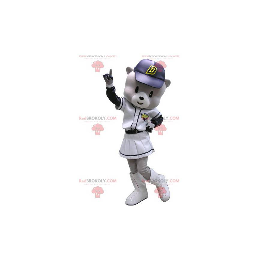 Graues und weißes Bärenmaskottchen im Baseball-Outfit -