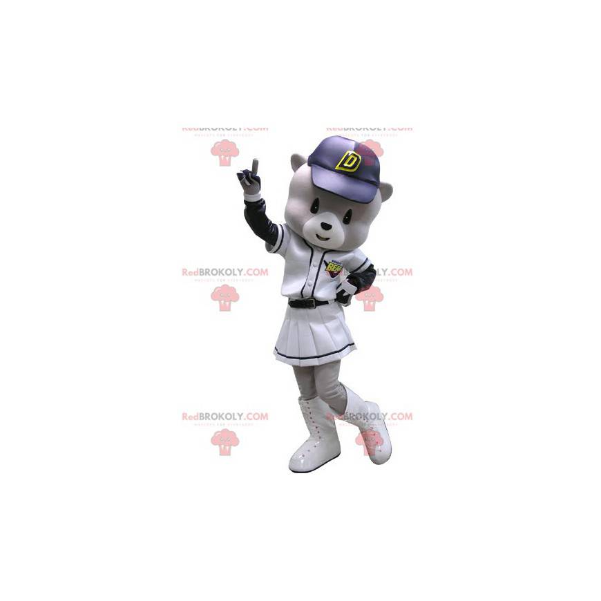 Gray and white bear mascot in baseball outfit - Redbrokoly.com